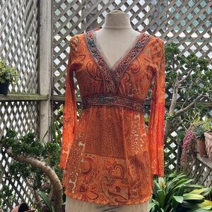 Promod Boho V-Neck Paisley Mesh Top. Size Small
EUC
